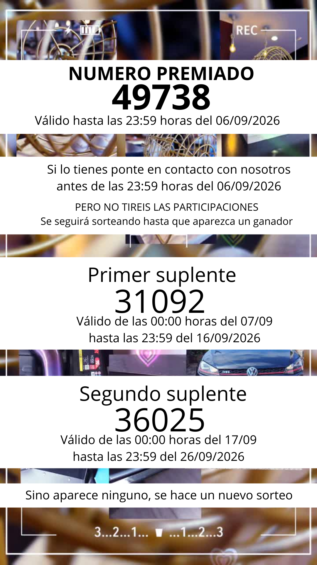 Número premiado 49738, primer suplente 31092 y segundo suplente 36025